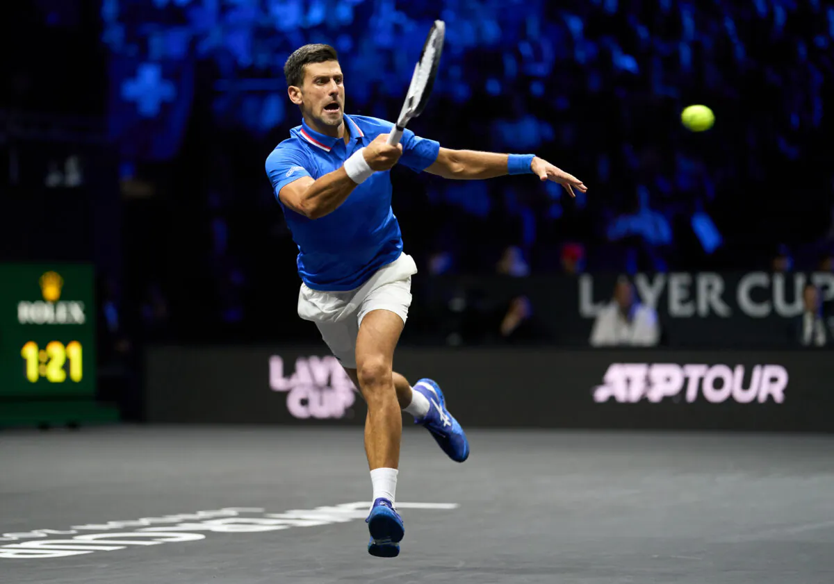 Novak Djokovic of Serbia plays a shot against Felix Auger-Aliassime of Canada in Lavers Cup singles in London on Sep. 25, 2022. (Peter van den Berg/USA TODAY Sports)