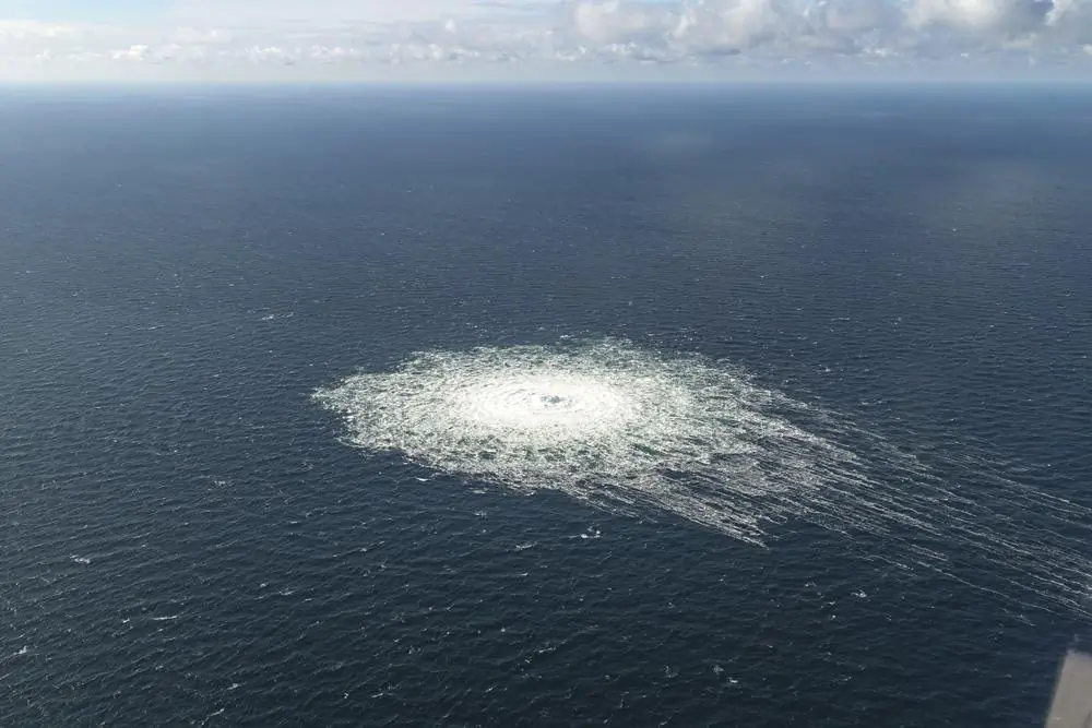 A large disturbance in the sea can be observed off the coast of the Danish island of Bornholm on Sept. 27, 2022. (Danish Defence Command )