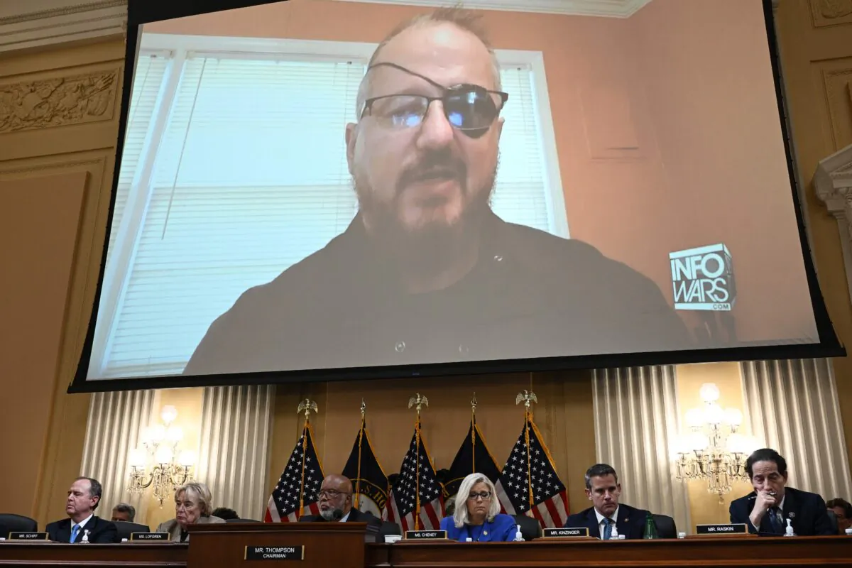 Stewart Rhodes, founder of the Oath Keepers, appears on a screen during a House Jan. 6 Committee hearing in Washington on June 9, 2022. (Brendan Smialowski/AFP via Getty Images)