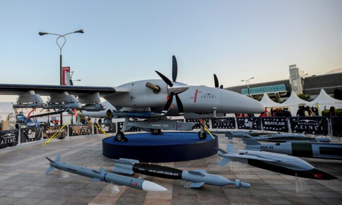 A Bayraktar Akinci drone at the Teknofest Aerospace and Technology Festival on May 27, 2022 in Baku, Azerbaijan.  (Aziz Karimov/Reuters)
