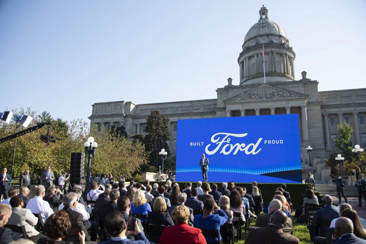 Executive Chairman of Ford William Clay Ford Jr. speaks during a news conference in front of the capital in Frankfort, Ky., on Sept. 28, 2021. (Silas Walker/Lexington Herald-Leader via AP)
