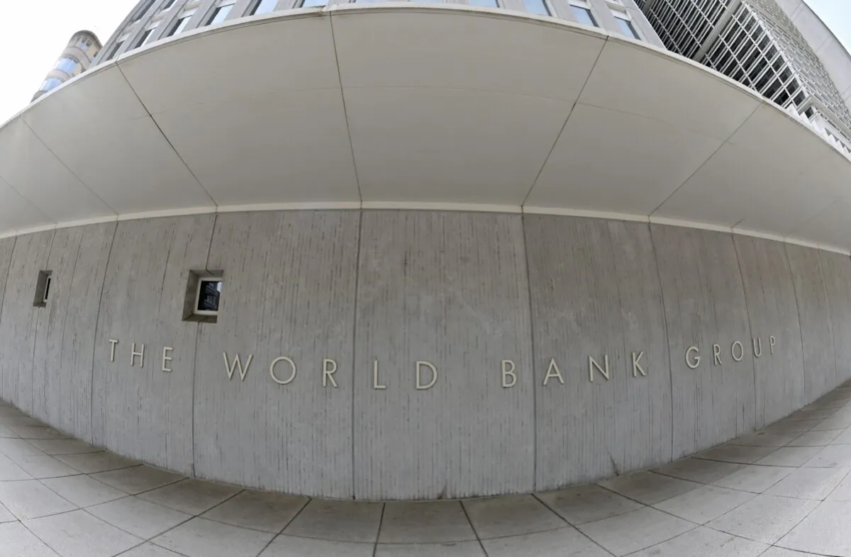 The World Bank Group logo on the building in Washington on April 21, 2022. (Eva Hambach /AFP via Getty Images)