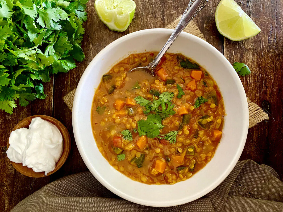 Nutty, quick-cooking red lentils are complemented by bright tomatoes and warm Indian spices in this weeknight-friendly soup. (Lynda Balslev for Tastefood)