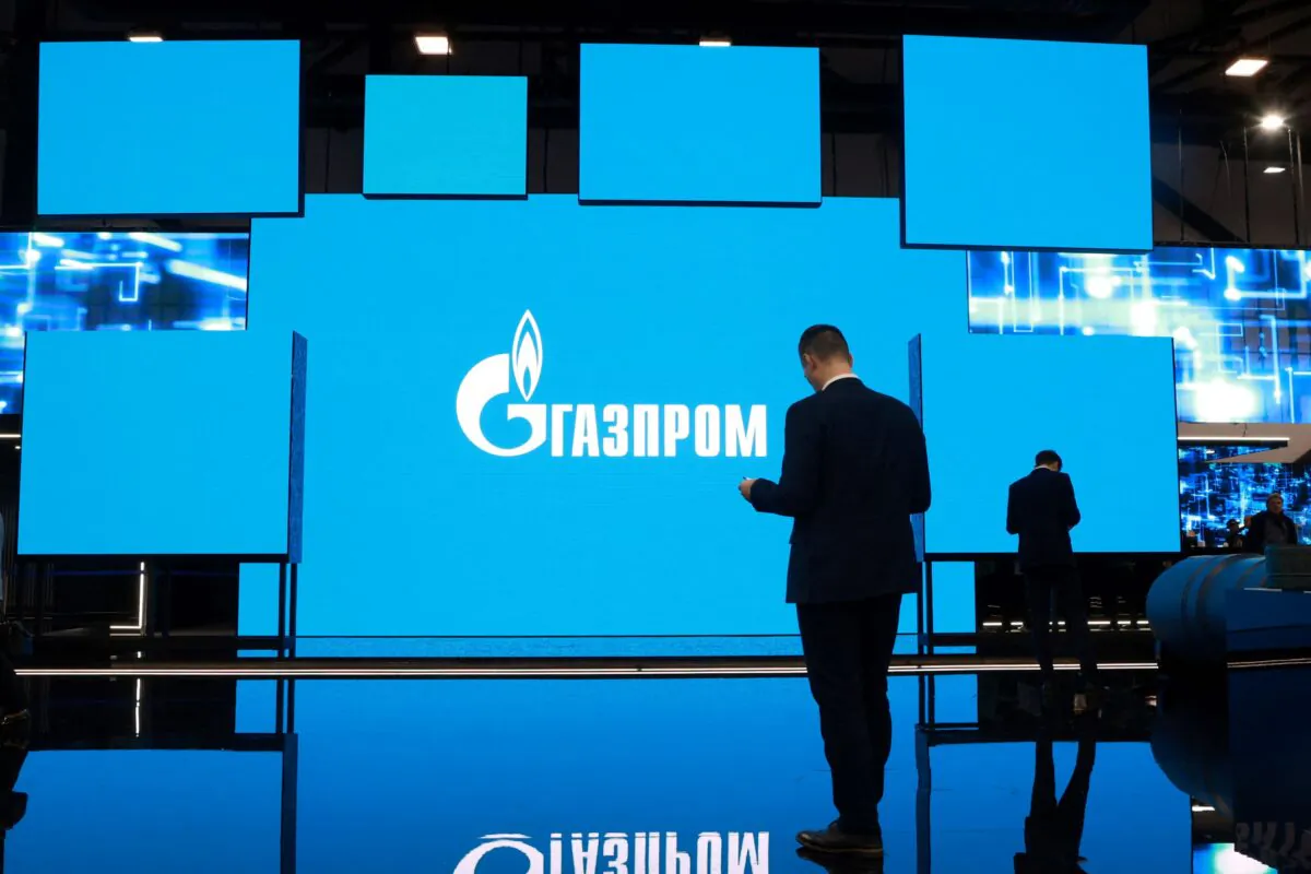 The logo of Gazprom is displayed on a screen during the Saint Petersburg international gas forum in Saint Petersburg, Russia, on Sept. 15, 2022. (Anton Vaganov/Reuters)
