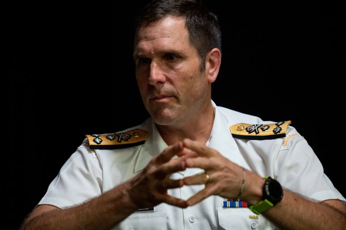 Vice-Admiral Angus Topshee speaks with a reporter during an interview at the National Defence Headquarters in Ottawa, Ont., on Sept. 21, 2022. (The Canadian Press/Spencer Colby)