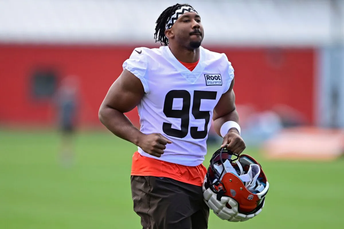 Cleveland Browns defensive end Myles Garrett runs during an NFL football practice in Berea, Ohio on July 29, 2022. (David Dermer/AP Photo)