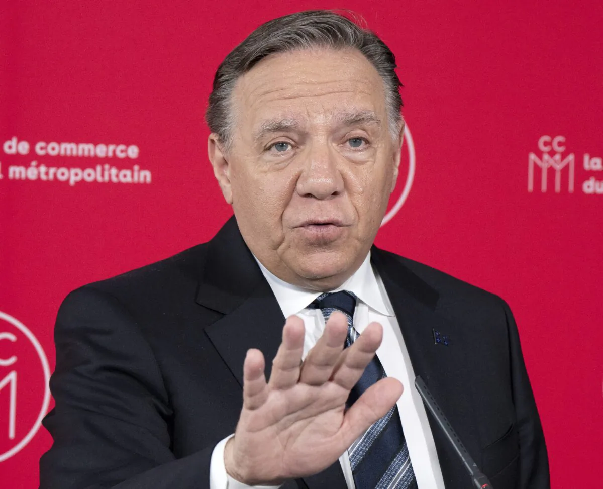 Coalition Avenir du Quebec leader Francois Legault speaks to the media while campaigning in Montreal on Sept. 28, 2022. (The Canadian Press/Ryan Remiorz)