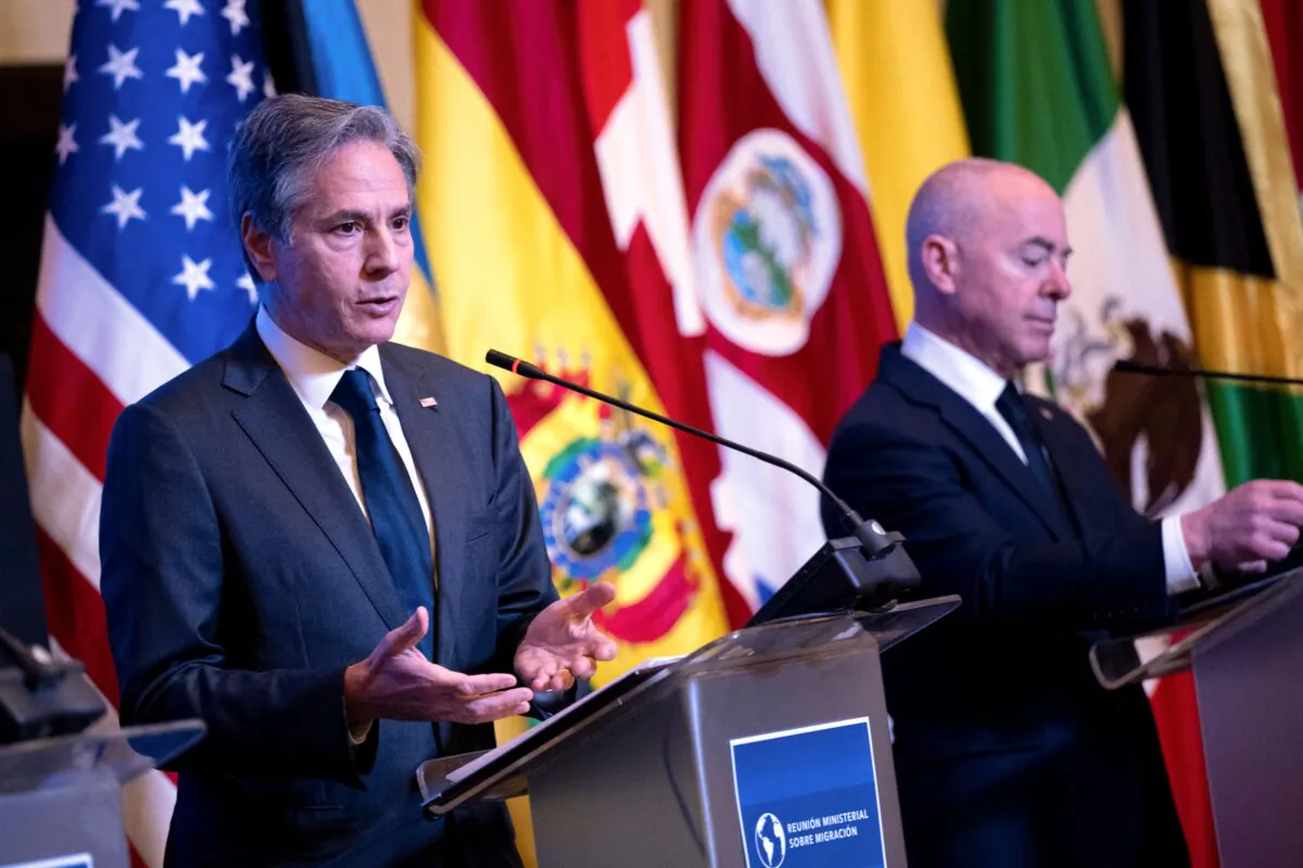 U.S. Secretary of State Antony Blinken and U.S. Secretary of Homeland Security Alejandro Mayorkas attend a press conference on the Ministerial Conference on Migration and Protection in Panama City on April 20, 2022. (Brendan Smialowski/POOL/AFP via Getty Images)
