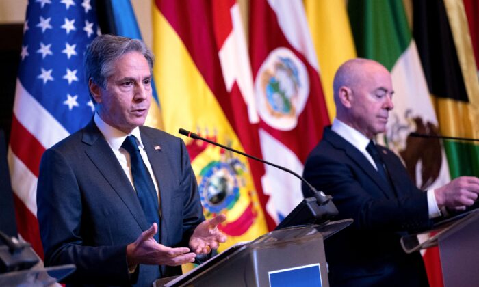 U.S. Secretary of State Antony Blinken and U.S. Secretary of Homeland Security Alejandro Mayorkas attend a press conference on the Ministerial Conference on Migration and Protection in Panama City on April 20, 2022. (Brendan Smialowski/POOL/AFP via Getty Images)