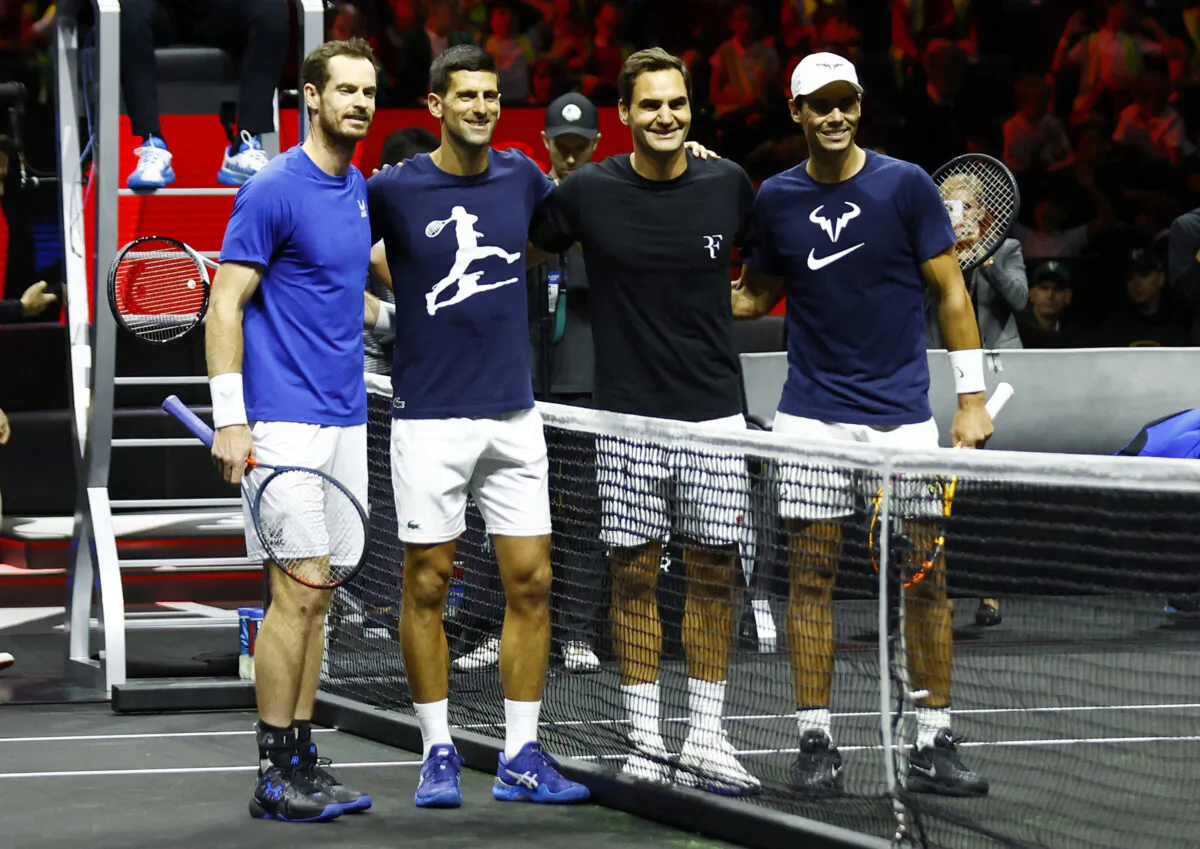 (L-R) Team Europe's Andy Murray, Novak Djokovic, Roger Federer, and Rafael Nadal pose during practice Action in Laver Cup, 02 Arena, London on Sept. 22, 2022. (Andrew Boyers/Images via Reuters)