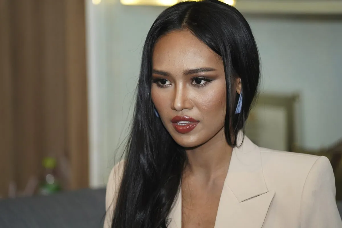 Thaw Nandar Aung, a model from Burma, speaks to a reporter in Bangkok, Thailand, on March 31, 2021. (Napaxalun Sattayatam/AP Photo)