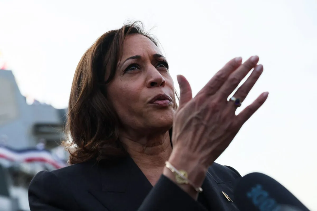 U.S. Vice President Kamala Harris speaks to the media at the naval base in Yokosuka, Kanagawa Prefecture, Japan, on Sept. 28, 2022. (Leah Millis/Pool/AFP via Getty Images)
