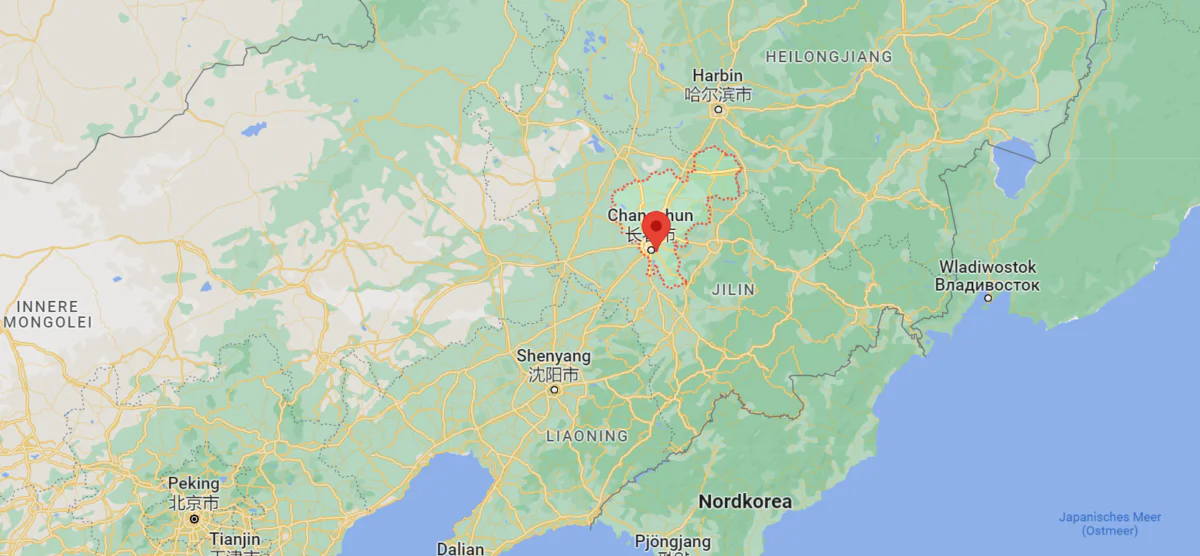 A map shows the location of Changchun, the capital of Jilin Province, China, on Sept. 28, 2022. (Google Maps/Screenshot via The Epoch Times)