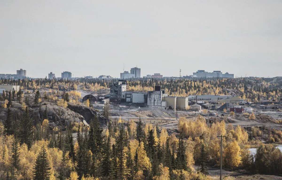 Yellowknife is seen in the distance during a site surface tour of the Giant Mine Remediation Project near Yellowknife on Sept. 21, 2022. (The Canadian Press/Angela Gzowski)