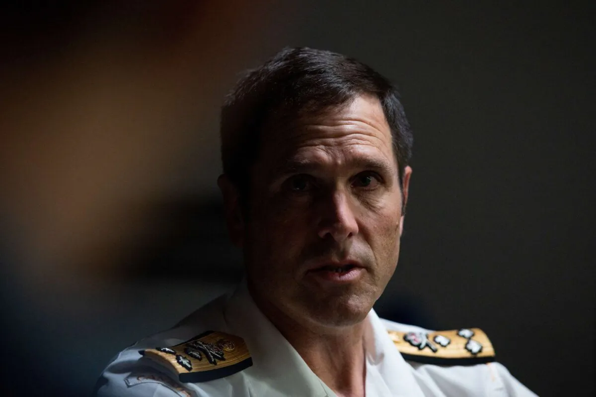 Vice-Admiral Angus Topshee speaks with a reporter during an interview at the National Defence Headquarters in Ottawa on Sept. 21, 2022. (The Canadian Press/Spencer Colby)