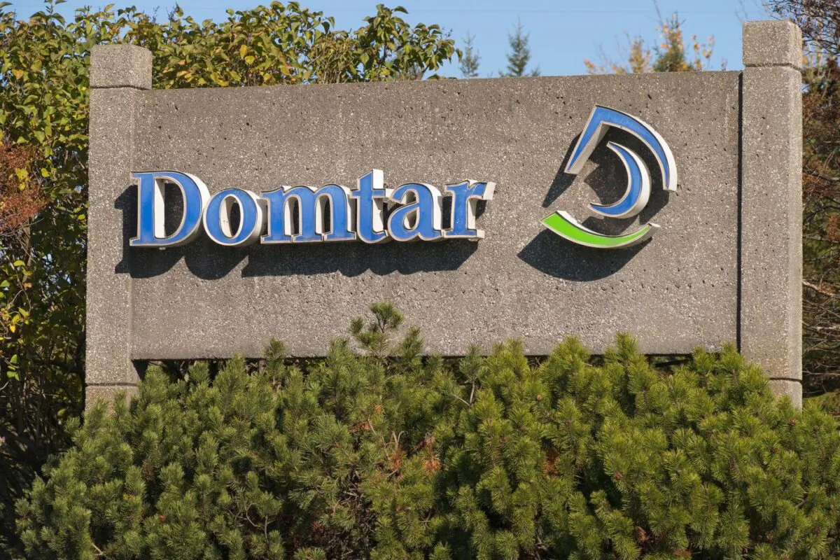 Company signage is seen at the Domtar paper mill in Windsor, Que., Oct. 28, 2021. (The Canadian Press/Perry Beaton)