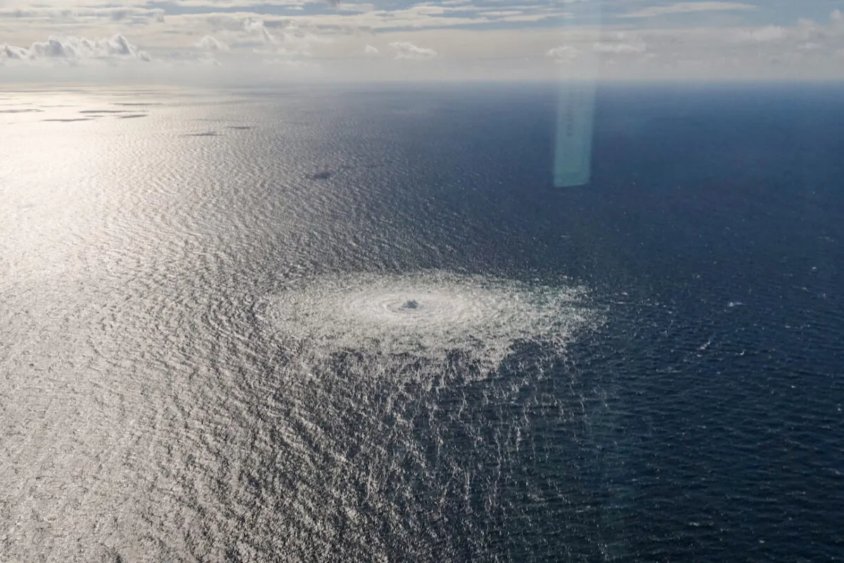A gas leak from the Nord Stream 2 pipeline, as seen from the Danish F-16 interceptor in Bornholm, Denmark, on Sept. 27, 2022. (Danish Defence Command/Forsvaret Ritzau Scanpix/via Reuters)