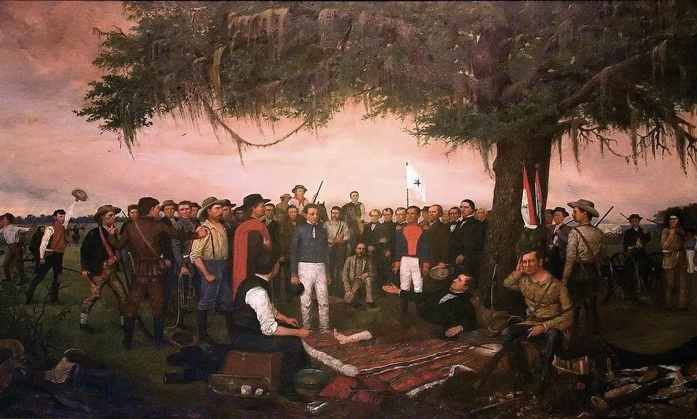 “Surrender of
Santa Anna,” painted
by William Huddle,
1886, illustrates the
end of the Texas
Revolution with
Mexican Gen. Santa
Anna surrendering
to the wounded
Sam Houston after
the Battle of San
Jacinto in 1836. (Public domain)
