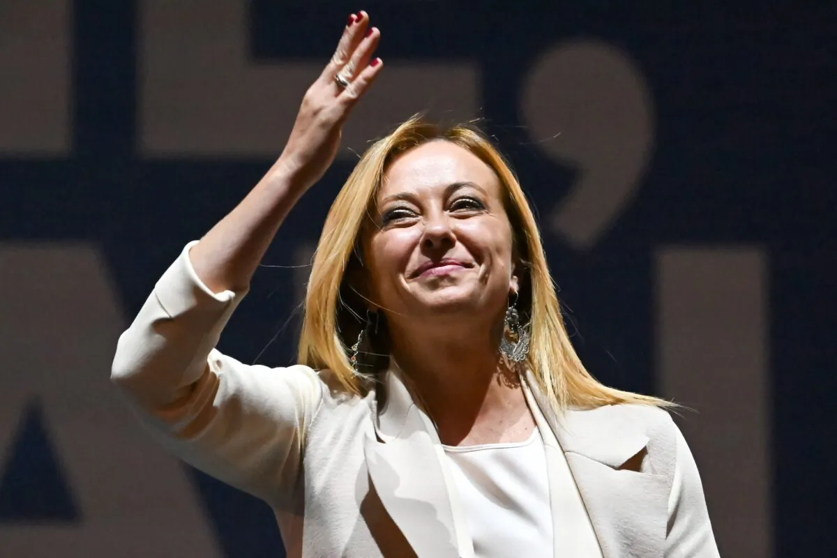 Brothers of Italy party leader Giorgia Meloni gestures as she delivers a speech on stage at Piazza del Popolo in Rome on Sept. 22, 2022.  (Alberto Pizzoli/AFP via Getty Images)