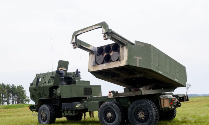 A High Mobility Artillery Rocket Systems (HIMARS) during the military exercise Namejs 2022 in Skede, Latvia, on Sept. 26, 2022. (Gints Ivuskans/AFP via Getty Images)