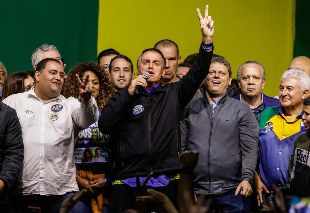 President of Brazil and Presidential candidate Jair Bolsonaro speaks to supporters during a rally ahead of Sunday elections in Santos, Brazil, on Sept. 28, 2022. (Alexandre Schneider/Getty Images)