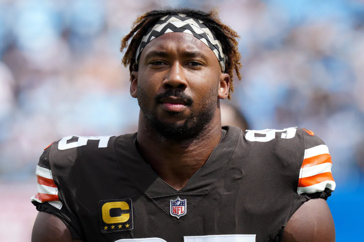 Cleveland Browns defensive end Myles Garrett leaves the field after the first half of an NFL football game against the Carolina Panthers in Charlotte, N.C., on Sept. 11, 2022. (Jacob Kupferman/AP Photo)
