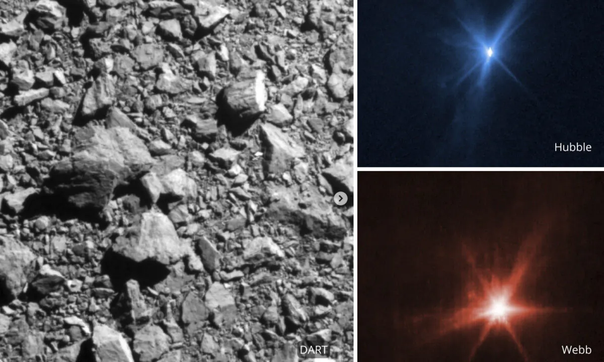 This combination of images shows three different views of the DART spacecraft impact on the asteroid Dimorphos on Sept. 26, 2022. (NASA via AP)