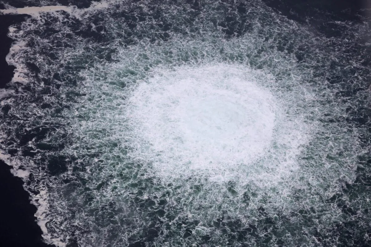 A gas leak from Nord stream 1 in the Swedish economic zone in the Baltic Sea in this picture taken from the Swedish Coast Guard aircraft on Sept. 28, 2022. (Swedish Coast Guard/Handout via TT News Agency/via Reuters)