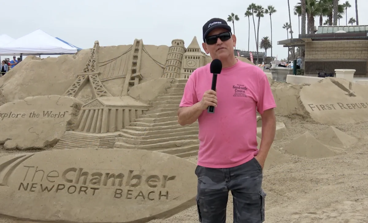 Steve Rosansky, president and CEO of Newport Beach Chamber of Commerce, hosts Newport Beach 59th Annual Sandcastle Contest in Newport Beach, Calif., on Sept. 26, 2021. (Screenshot via YouTube/Luis Herrera)