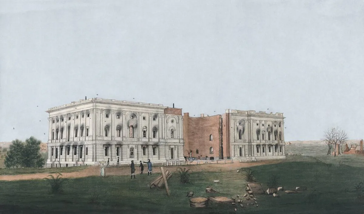 A drawing by
George Munger, 1814,
depicts the ruins
of the U.S. Capitol
following British
attempts to burn
the building and the
President’s House
on August 24, 1814. (Public domain)