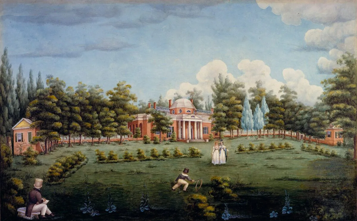 “View of the West Front of Monticello
and Garden” by Jane Braddick, 1825. (Public domain)