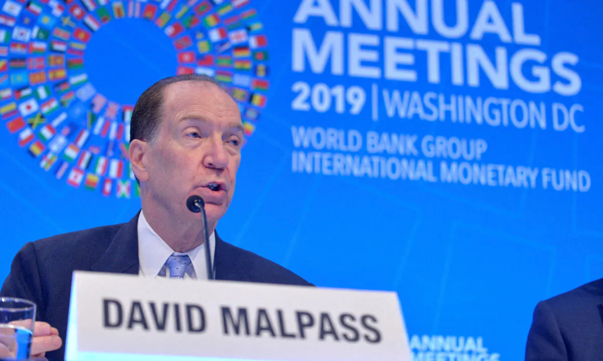 World Bank President David Malpass responds to a question from a reporter during an opening press conference at the IMF and World Bank's 2019 Annual Fall Meetings of finance ministers and bank governors, in Washington on Oct. 17, 2019. (Mike Theiler/Reuters)