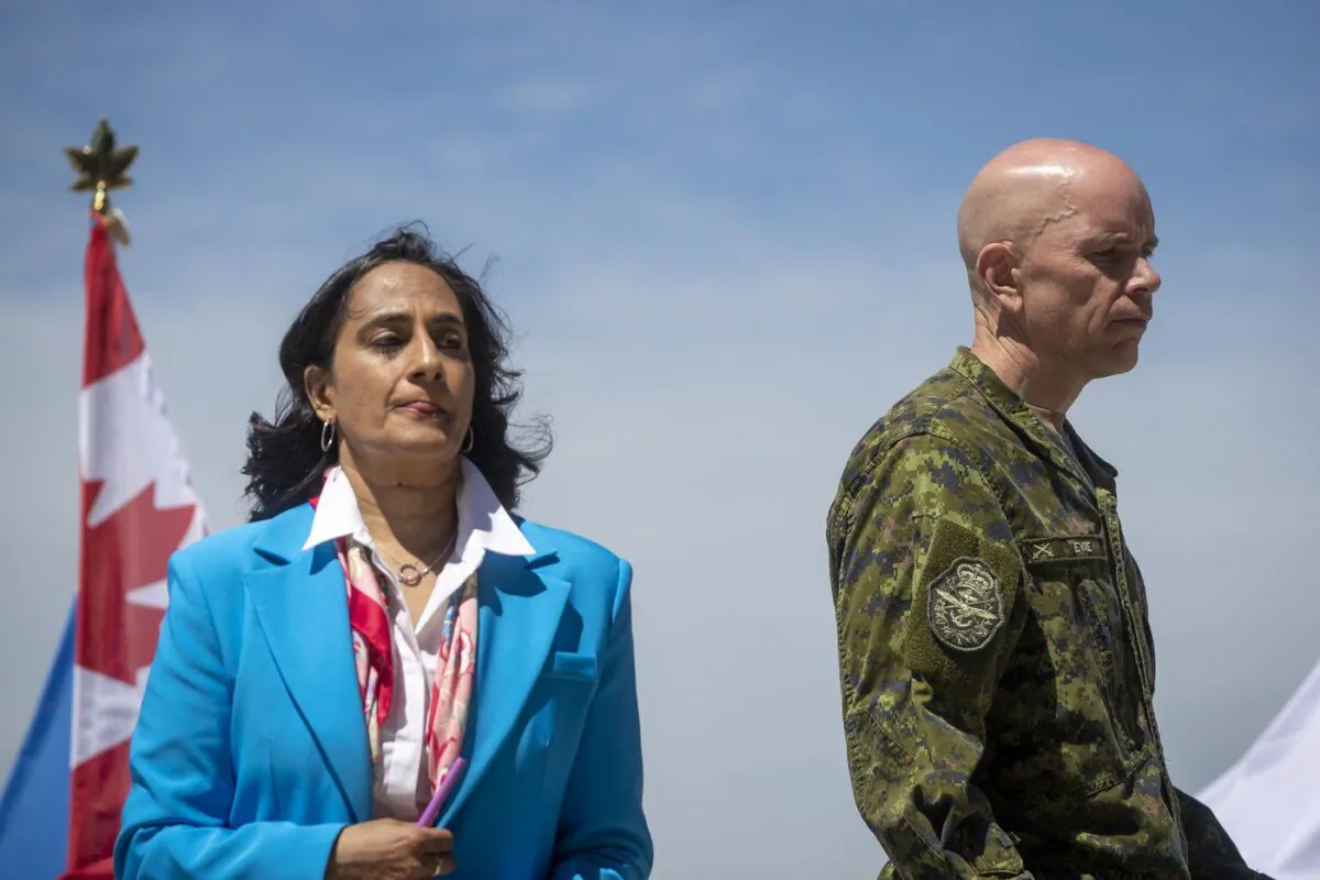 Chief of the Defence Staff, General Wayne Eyre, and Defence Minister Anita Anand attend a military announcement at Canadian Forces Base Trenton in Trenton, Ont., on June 20, 2022. (The Canadian Press/Lars Hagberg)