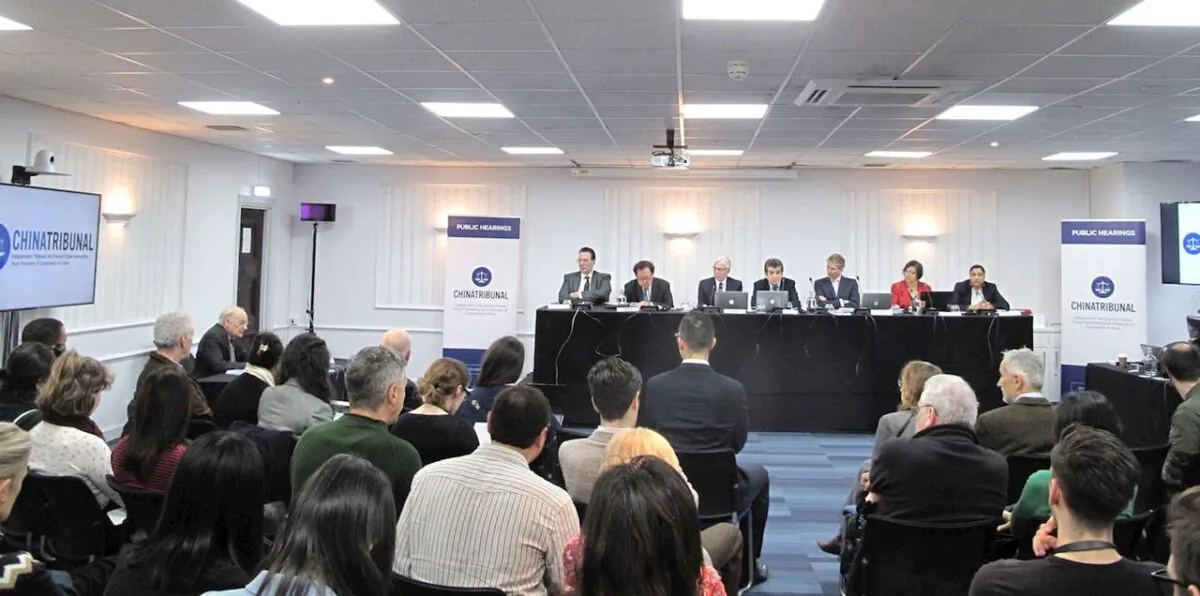 The China Tribunal's seven-person panel at a public hearing in London, on Dec. 13, 2018. Tribunal Chair Sir Geoffrey Nice KC (center) was the lead prosecutor in the Slobodan Milošević trial at the International Criminal Court at the Hague. (Courtesy of ETAC)