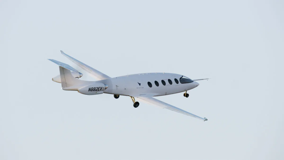 Eviation Aircraft's electric-powered "Alice" plane is shown during its first flight over Grant County International Airport in Moses Lake, Wash., on Sept. 27, 2022. (Courtesy of Eviation Aircraft)