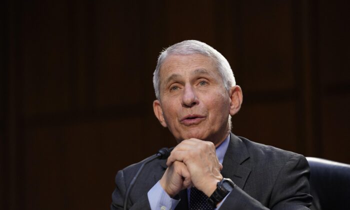 NIAID Director Dr. Anthony Fauci speaks to members of Congress during a hearing in Washington on March 18, 2021. (Susan Walsh/Pool/AFP via Getty Images)