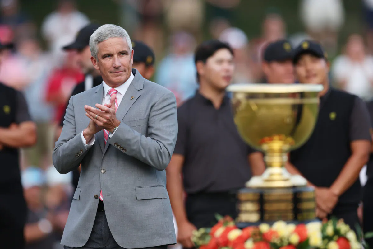 Jay Monahan, Commissioner of the PGA Tour, looks on during the closing ceremony after Sunday singles matches on day four of the 2022 Presidents Cup at Quail Hollow Country Club in Charlotte, N.C., on Sept. 25, 2022. (Rob Carr/Getty Images)