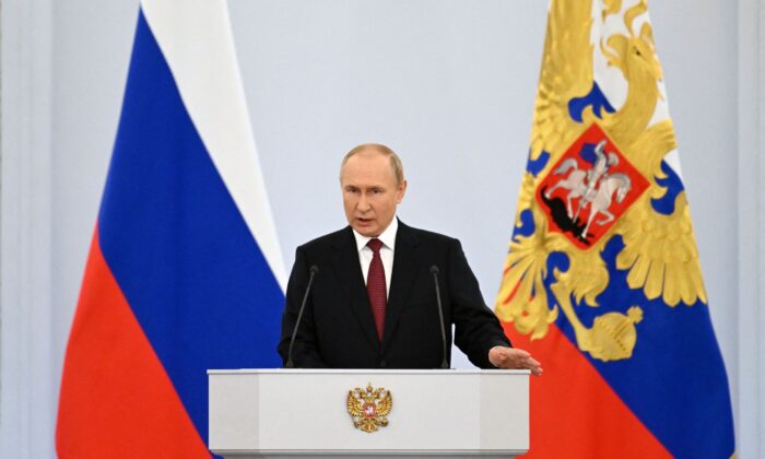 Russian President Vladimir Putin gives a speech during a ceremony formally annexing four regions of Ukraine Russian troops occupy, at the Kremlin in Moscow on Sept. 30, 2022. (Grigory Sysoyev/Sputnik /AFP via Getty Images)
