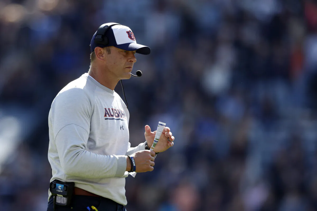 Auburn head coach Bryan Harsin reacts to a play during the second half of an NCAA college football game against Arkansas, in Auburn, Ala., on Oct. 29, 2022. (Butch Dill/AP Photo)