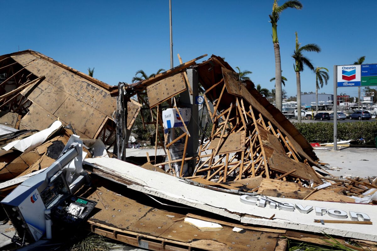 A destroyed gas station after Hurricane Ian