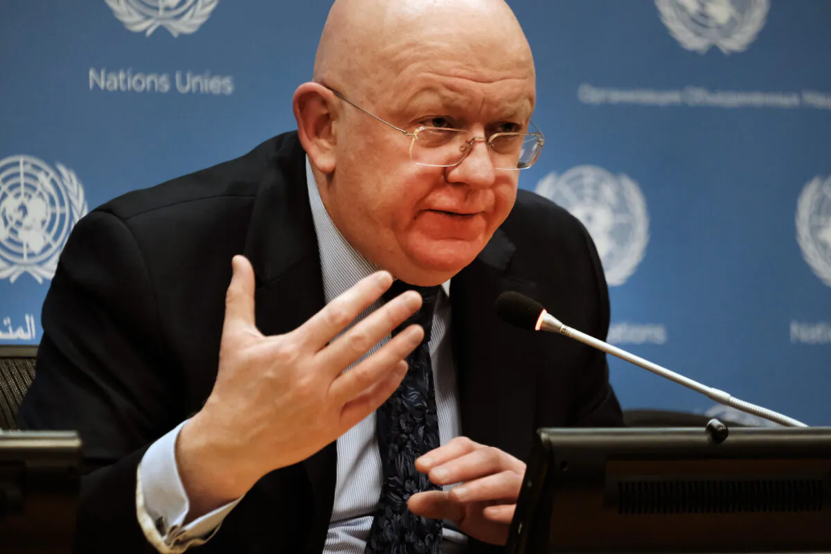 Ambassador Vasily Nebenzya, permanent representative of the Russian Federation to the United Nations, speaks to the media at the United Nations headquarters in New York on April 4, 2022. (Spencer Platt/Getty Images)