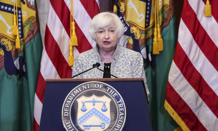 Treasury Secretary Janet Yellen delivers remarks during a press conference at the Treasury Department in Washington, on July 28, 2022. (Win McNamee/Getty Images)