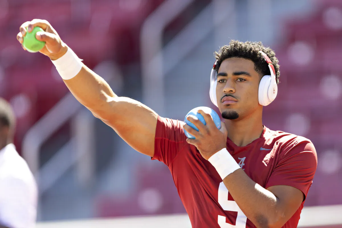 Bryce Young (9) of the Alabama Crimson Tide walks into the stadium before a game against the Arkansas Razorbacks at Donald W. Reynolds Razorback Stadium in Fayetteville, Ark., on Oct. 1, 2022. (Wesley Hitt/Getty Images)