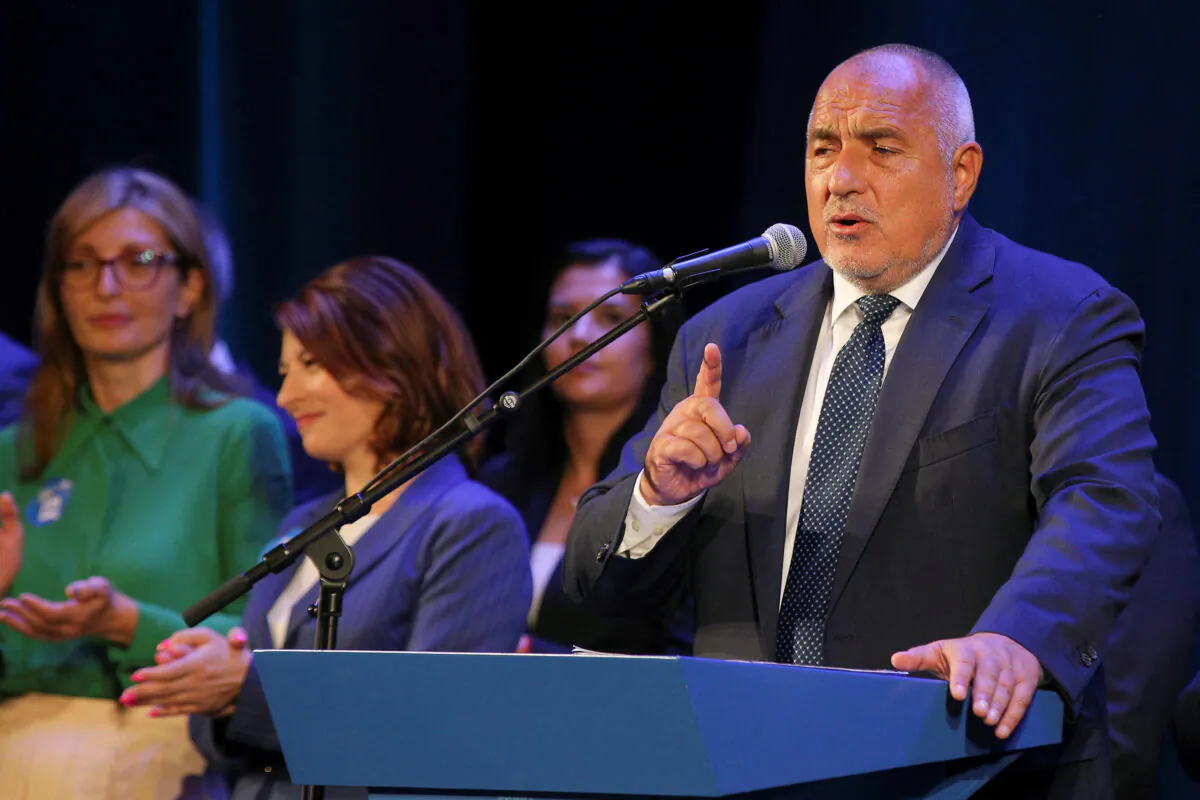 Leader of GERB party Boyko Borissov speaks at an election rally, ahead of Oct. 2 snap elections, in Plovdiv, Bulgaria, on Sept. 30, 2022. (Stoyan Nenov/Reuters)