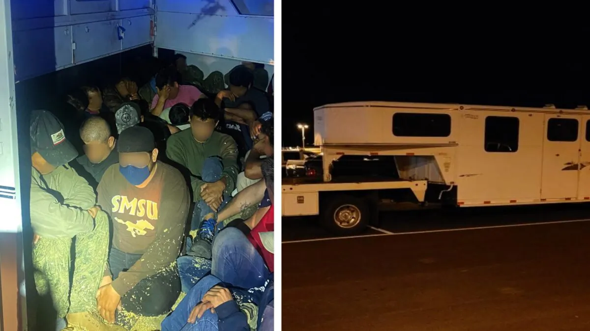 A group of illegal immigrants who were found shoulder to shoulder in an enclosed horse trailer by U.S. Tucson sector border agents on Sept. 25, 2022. (Courtesy of U.S. Customs and Border Protection)