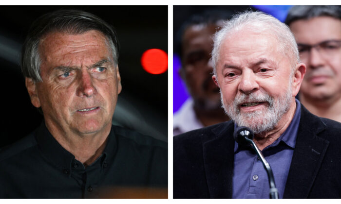 (Left) Brazilian President and reelection candidate Jair Bolsonaro in Brasilia, Brazil, on Oct. 2, 2022.  (Evaristo Sa/AFP via Getty Images); (Right) Former president of Brazil and candidate of Worker's Party Luiz Inacio Lula da Silva in Sao Paulo, Brazil, on Oct. 2, 2022. (Alexandre Schneider/Getty Images)