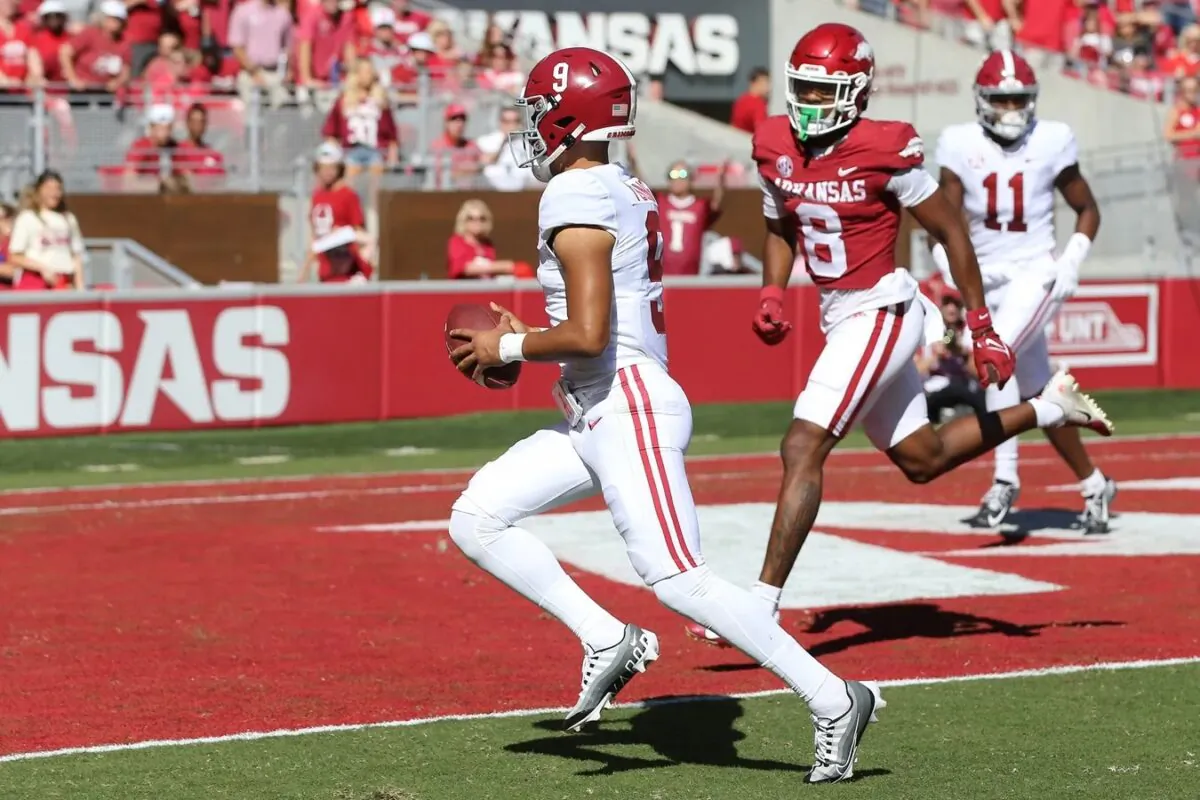 Alabama Crimson Tide quarterback Bryce Young (9) rushes for a touchdown in the first quarter against the Arkansas Razorbacks at Donald W. Reynolds Razorback Stadium in Fayetteville, Ark., on Oct. 1, 2022. (Nelson Chenault/USA TODAY Sports via Field Level Media)