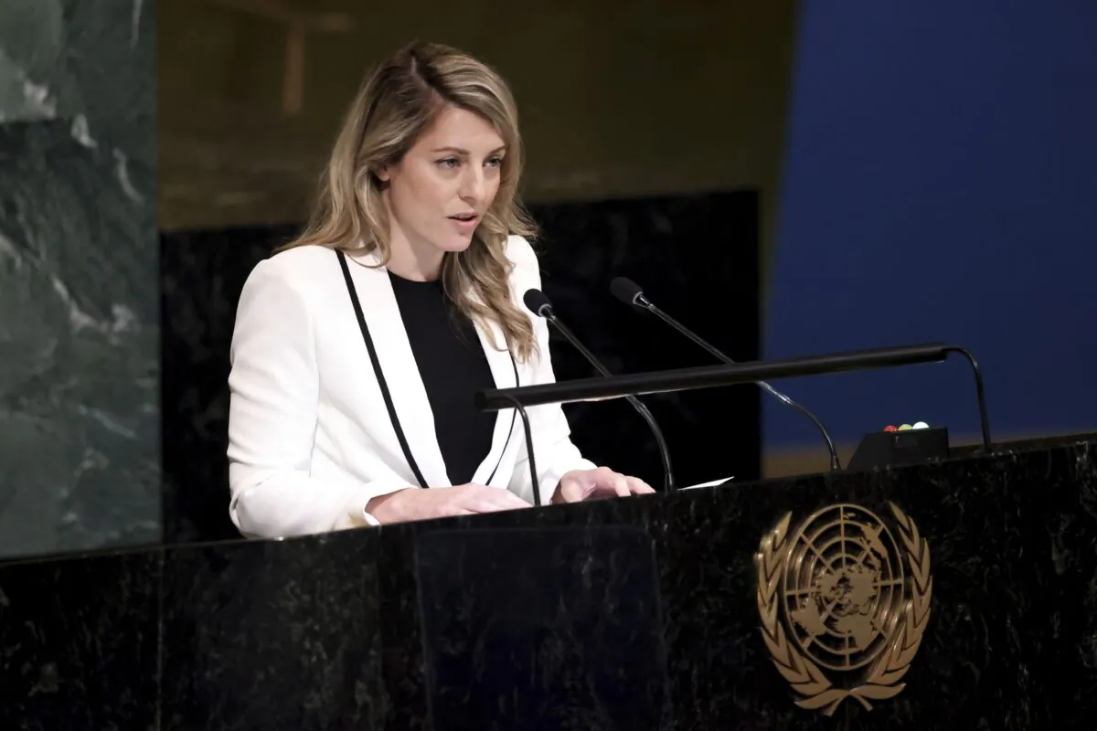 Foreign Affairs Minister Mélanie Joly addresses the 77th session of the United Nations General Assembly at UN headquarters in New York on Sept. 26, 2022. (AP Photo/Julia Nikhinson)