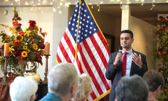 Abe Hamadeh, Republican candidate for Arizona attorney general, speaks about the challenges facing the GOP going into the Nov. 8 election during a gathering in Sun City, Ariz., on Oct. 1, 2022. (Allan Stein/The Epoch Times)