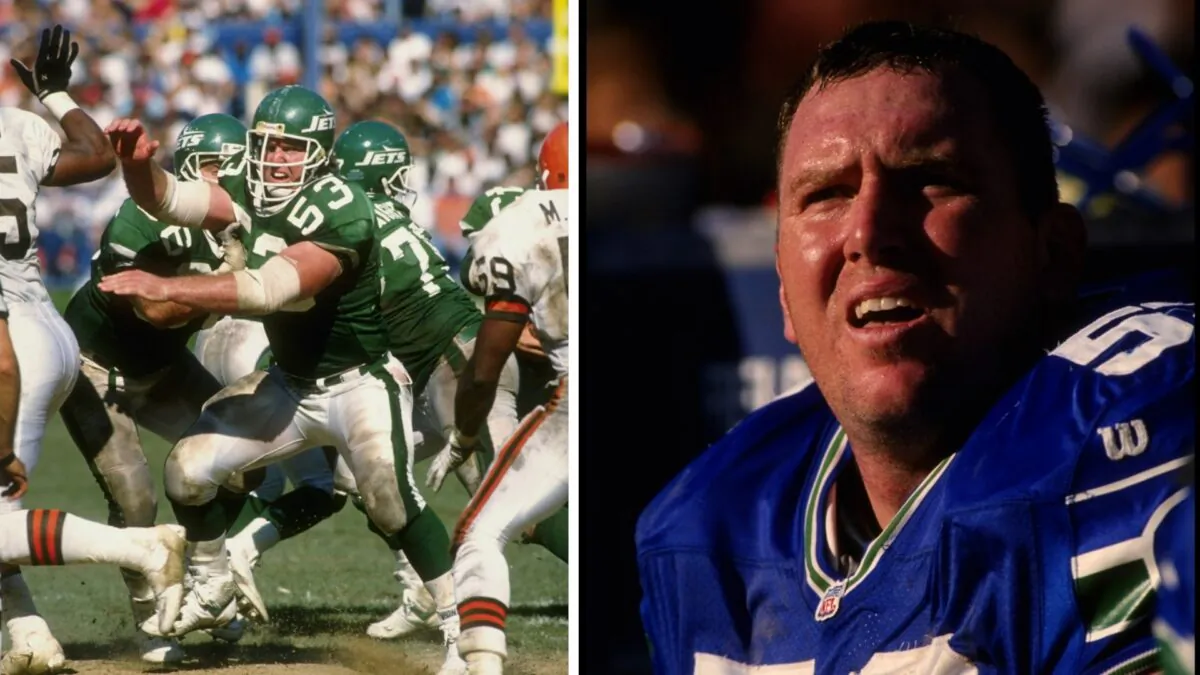 Jim Sweeney (R) of the New York Jets in action during a game against the Cleveland Browns in 1989. (Rick Stewart/AllsportJim via Getty Images); Sweeney of the Seattle Seahawks during a game in San Francisco, Calif., on Aug. 26, 1995. (Otto Greule/Allsport via Getty Images)